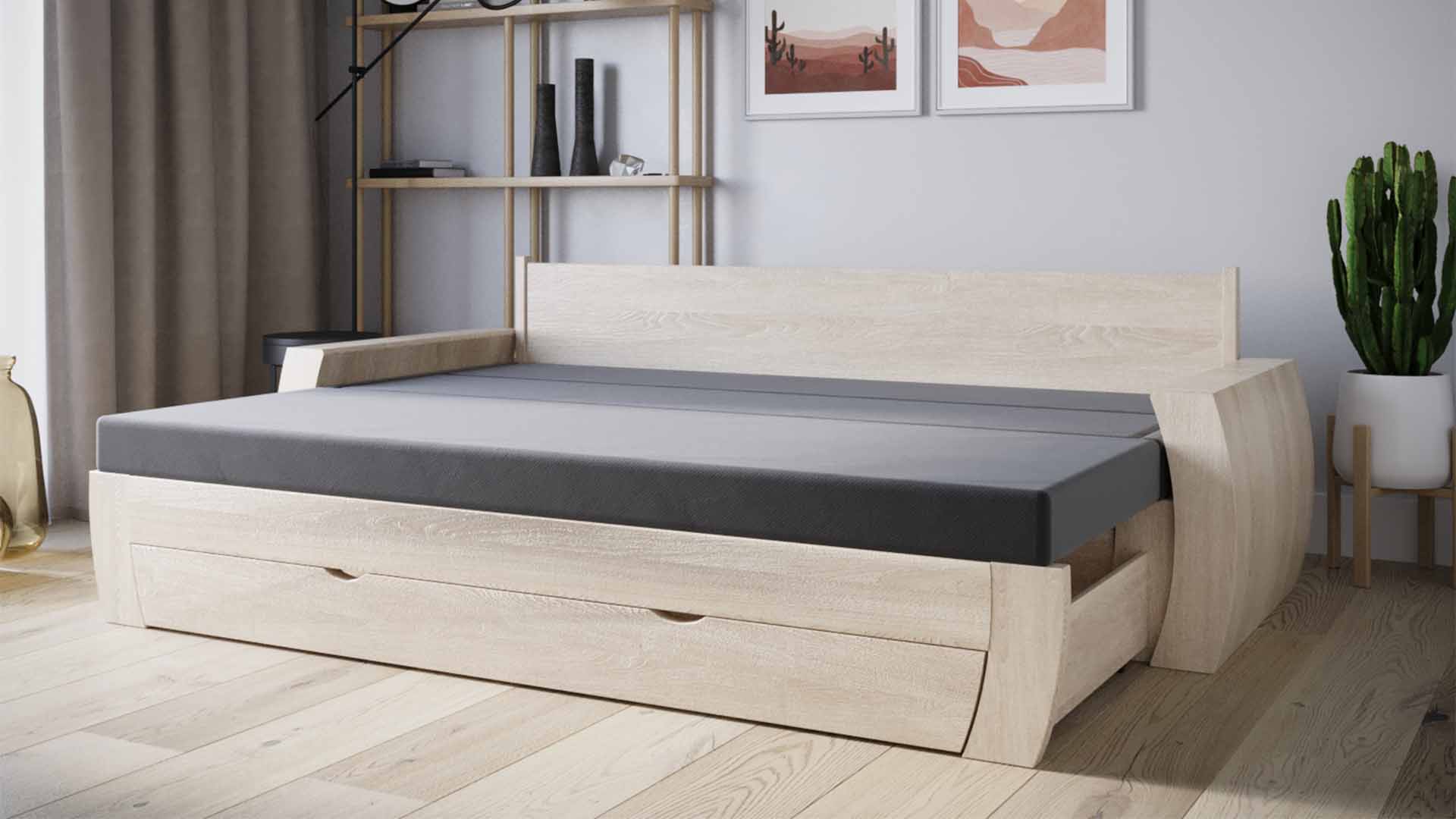 Drewniana kanapa, którą zmienisz w pełnowymiarowe łóżko jednym pociągnięciem ręki